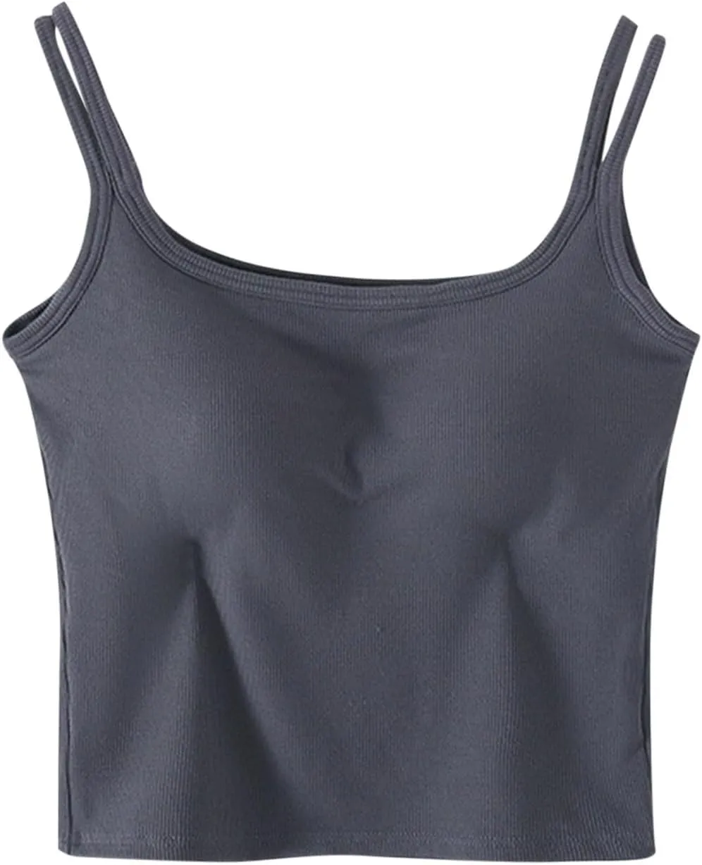 Womens Ribbed Longline Sports Bra U Neck Padded Yoga Cami Shirts Sleeveless Workout Crop Tank Top with Built in Pads