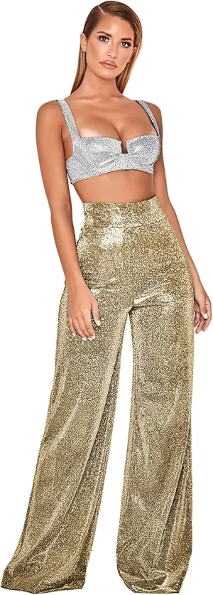 Women's Sexy High Waist Wide Leg Palazzo Lounge Pants Metallic Glitter Bell Bottoms Trousers Rave Party