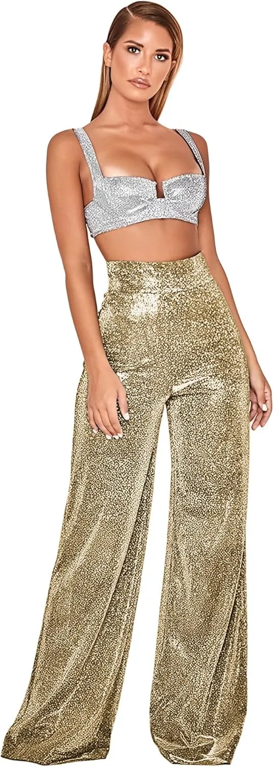 Women's Sexy High Waist Wide Leg Palazzo Lounge Pants Metallic Glitter Bell Bottoms Trousers Rave Party