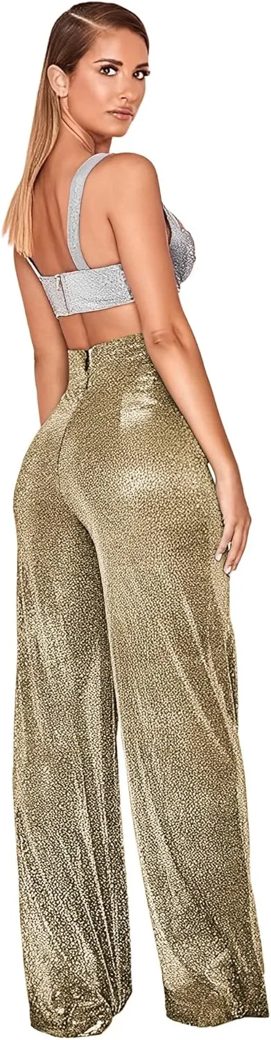 Women's Sexy High Waist Wide Leg Palazzo Lounge Pants Metallic Glitter Bell Bottoms Trousers Rave Party