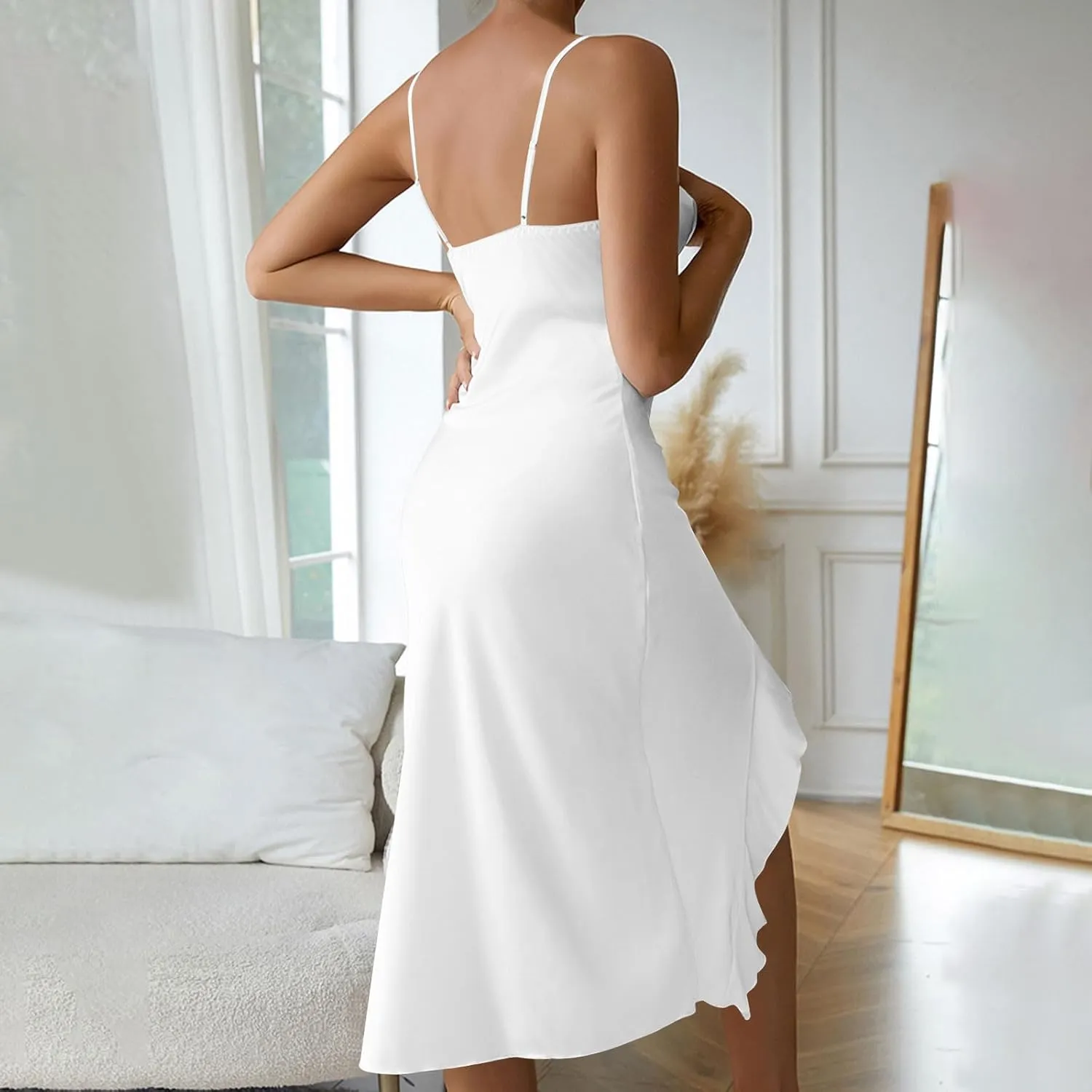 Womens Sexy V-Neck Satin Party Cocktail Midi Dress Sleeveless Slit Front Bodycon Wrap Ruffle Mermaid Formal Dresses