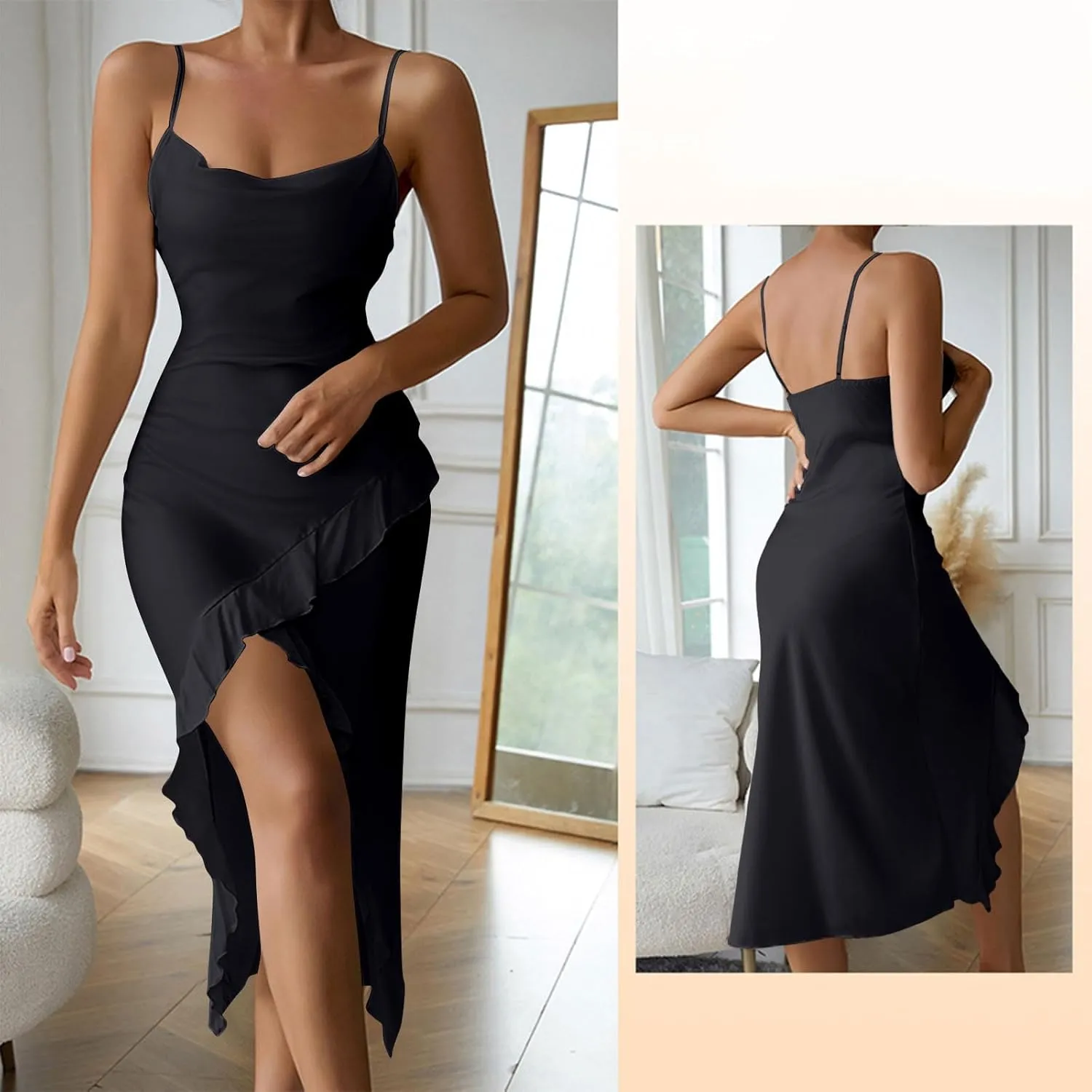 Womens Sexy V-Neck Satin Party Cocktail Midi Dress Sleeveless Slit Front Bodycon Wrap Ruffle Mermaid Formal Dresses