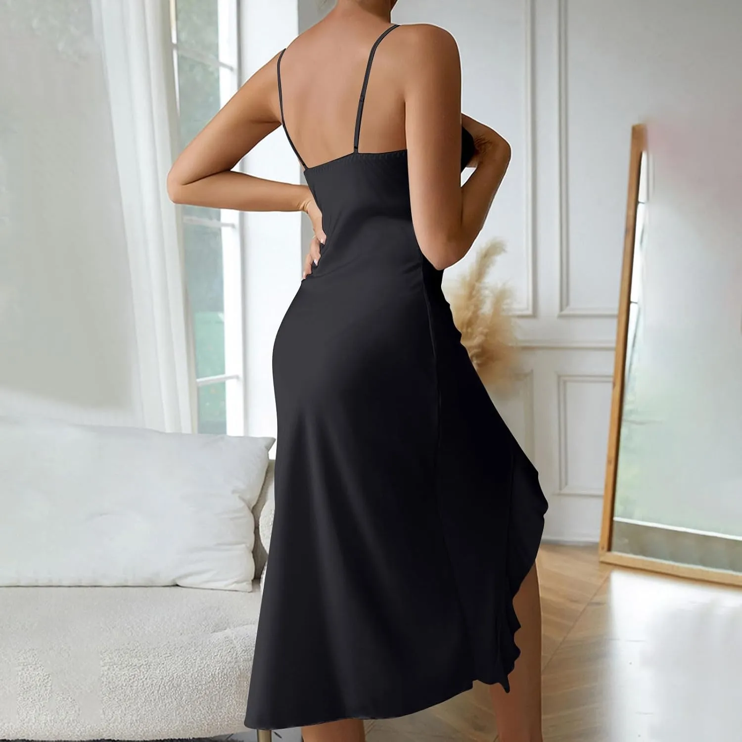 Womens Sexy V-Neck Satin Party Cocktail Midi Dress Sleeveless Slit Front Bodycon Wrap Ruffle Mermaid Formal Dresses