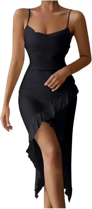 Womens Sexy V-Neck Satin Party Cocktail Midi Dress Sleeveless Slit Front Bodycon Wrap Ruffle Mermaid Formal Dresses