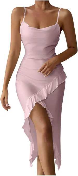 Womens Sexy V-Neck Satin Party Cocktail Midi Dress Sleeveless Slit Front Bodycon Wrap Ruffle Mermaid Formal Dresses