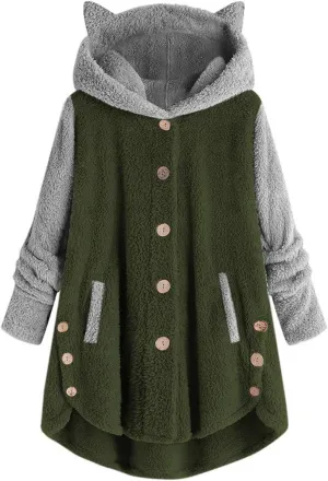 Womens Sherpa Jacket with Hood Plus Size Teddy Bear Coats 2024 Fall Button Down Fleece Faux Fur Cardigans Outerwear