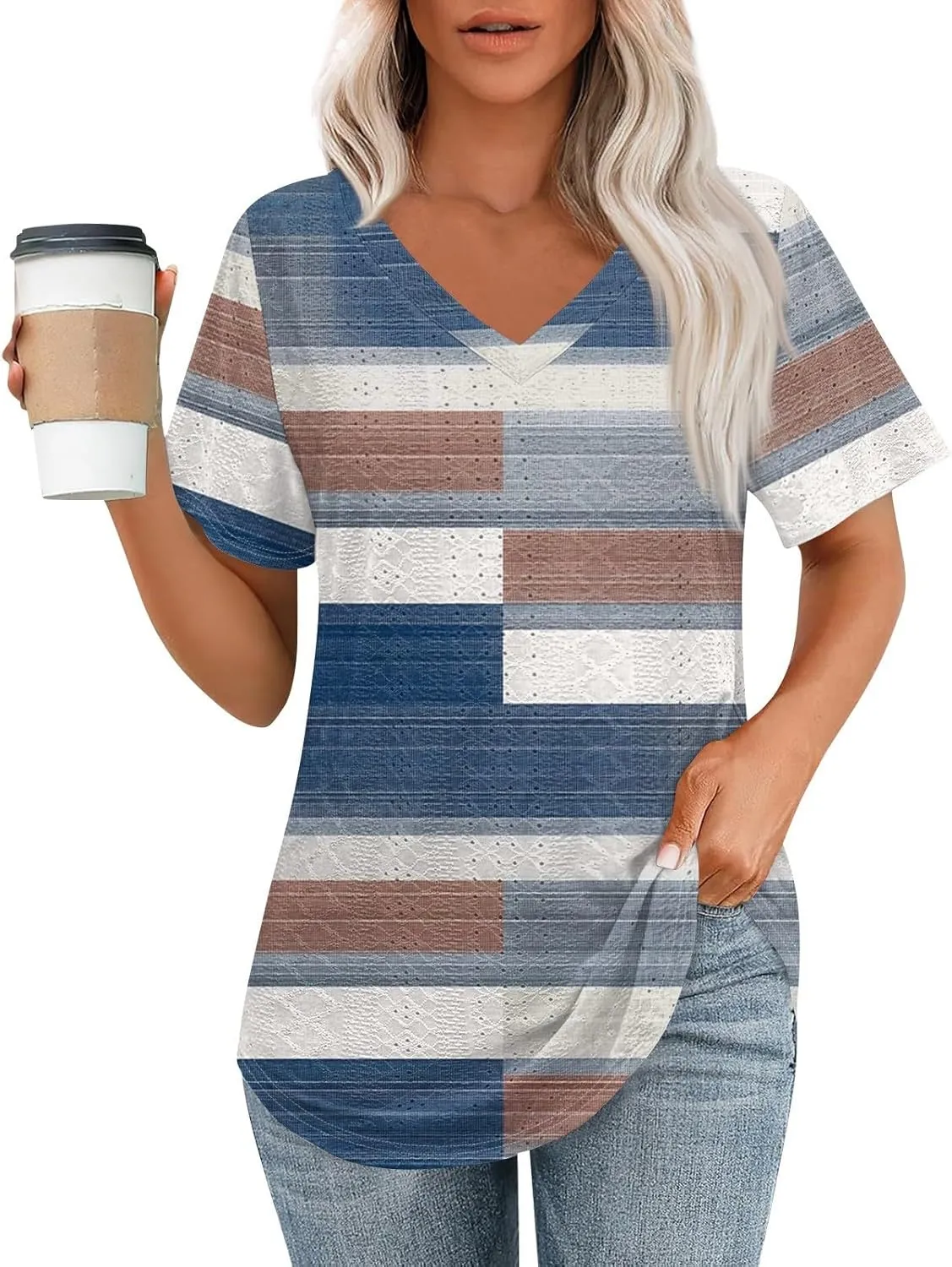 Womens Short Sleeve V Neck Shirts Spring Summer Solid Color Stripe Print Casual Blouse Shirt Dressy Tops