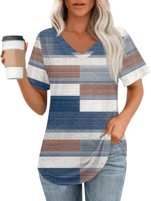 Womens Short Sleeve V Neck Shirts Spring Summer Solid Color Stripe Print Casual Blouse Shirt Dressy Tops