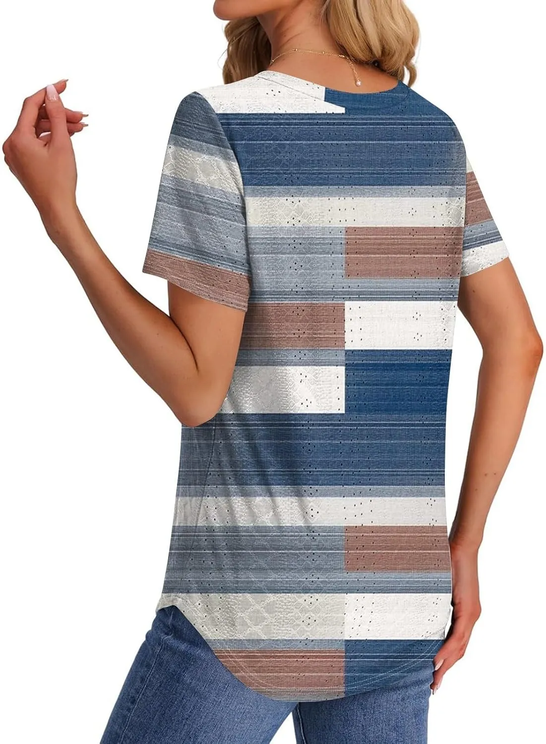 Womens Short Sleeve V Neck Shirts Spring Summer Solid Color Stripe Print Casual Blouse Shirt Dressy Tops