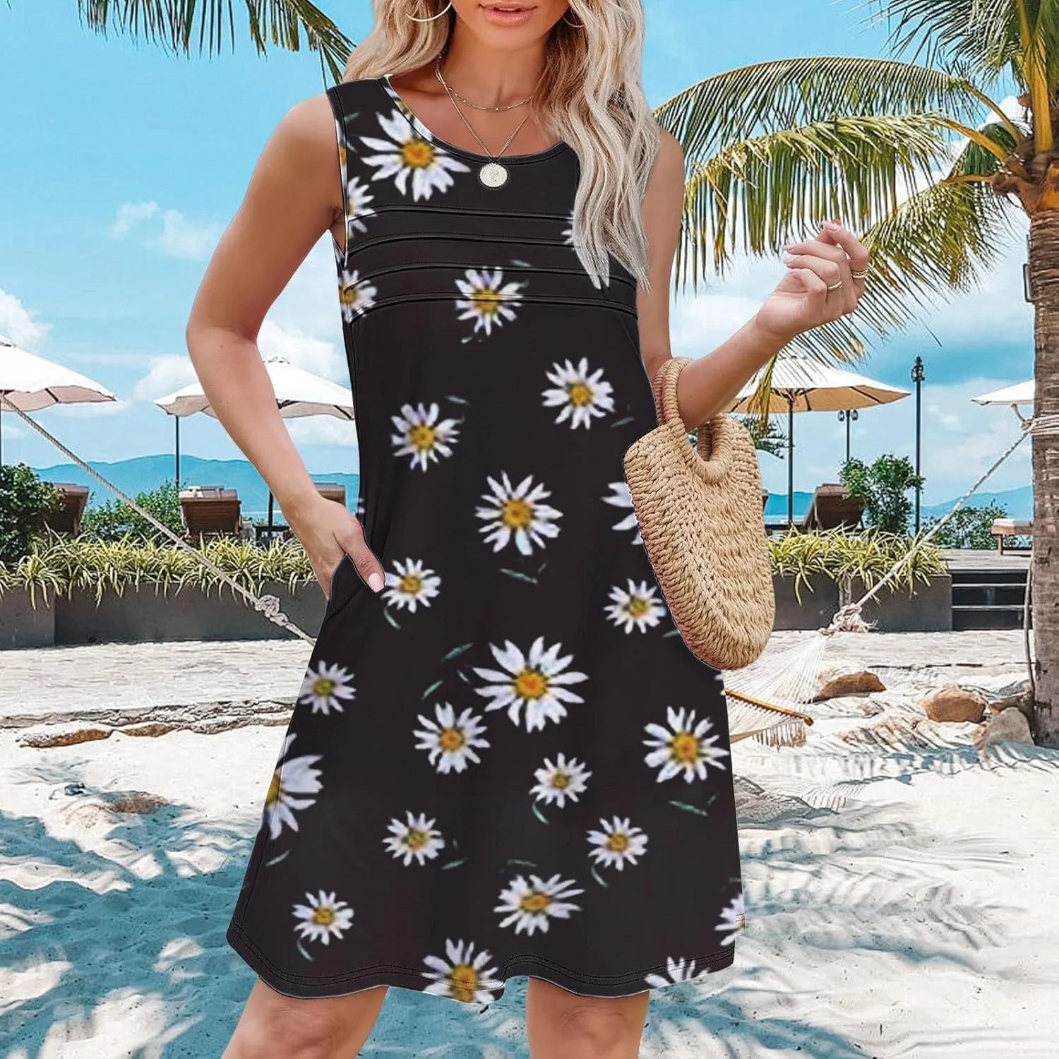 Women's Sleeveless Vest Dress 2025 Summer Casual Loose Sundresses Chest Pleated Beach Dresses with Pockets
