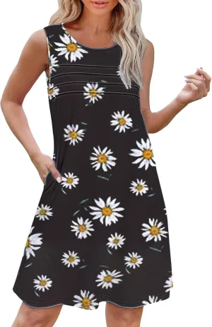 Women's Sleeveless Vest Dress 2025 Summer Casual Loose Sundresses Chest Pleated Beach Dresses with Pockets