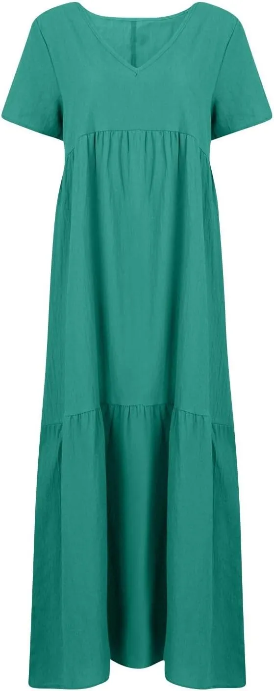 Women's Spring Dresses Summer Casual Trendy Loose Short Sleeve V-Neck Solid Color Flowy Maxi Dress Plus Size, S-5XL