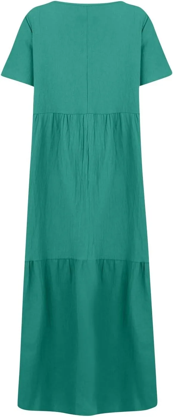 Women's Spring Dresses Summer Casual Trendy Loose Short Sleeve V-Neck Solid Color Flowy Maxi Dress Plus Size, S-5XL