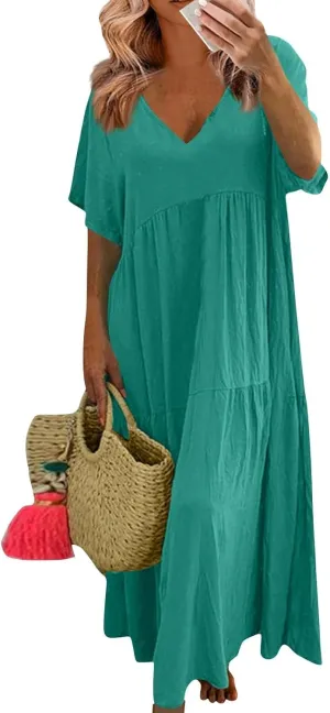 Women's Spring Dresses Summer Casual Trendy Loose Short Sleeve V-Neck Solid Color Flowy Maxi Dress Plus Size, S-5XL