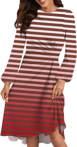 Womens Spring Fashion 2025 Dress Midi O Neck Long Sleeve Flowy Tea Length Teens Trendy Fitted Loose Dress
