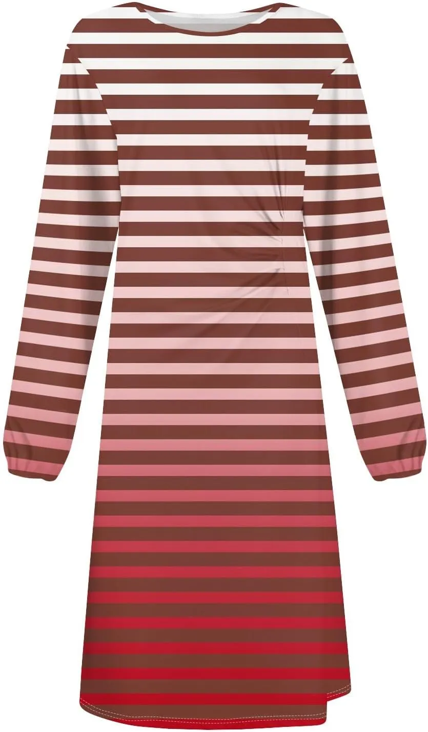 Womens Spring Fashion 2025 Dress Midi O Neck Long Sleeve Flowy Tea Length Teens Trendy Fitted Loose Dress