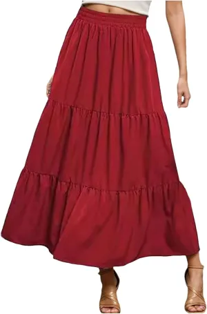 WomenS Summer Boho Flowy Skirt Swing Tiered A-Line Maxi Skirt 2025 Fashion Ruffle Elastic High Waist Beach Skirts