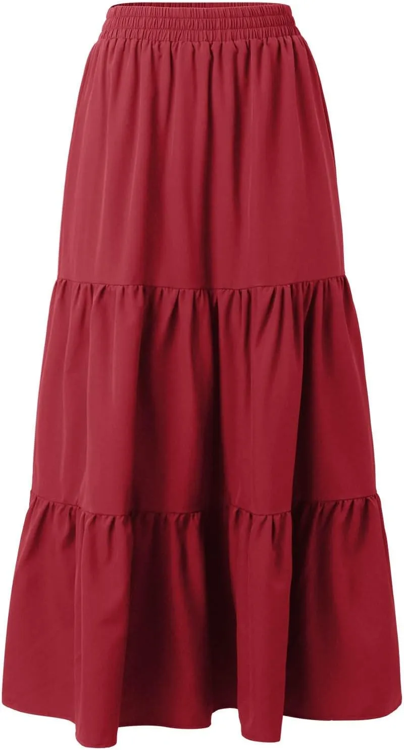 WomenS Summer Boho Flowy Skirt Swing Tiered A-Line Maxi Skirt 2025 Fashion Ruffle Elastic High Waist Beach Skirts