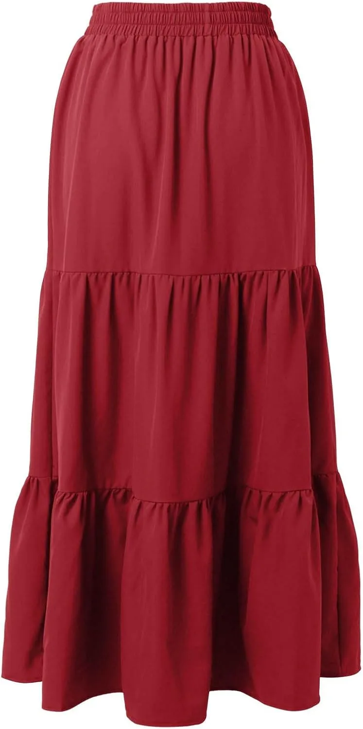 WomenS Summer Boho Flowy Skirt Swing Tiered A-Line Maxi Skirt 2025 Fashion Ruffle Elastic High Waist Beach Skirts