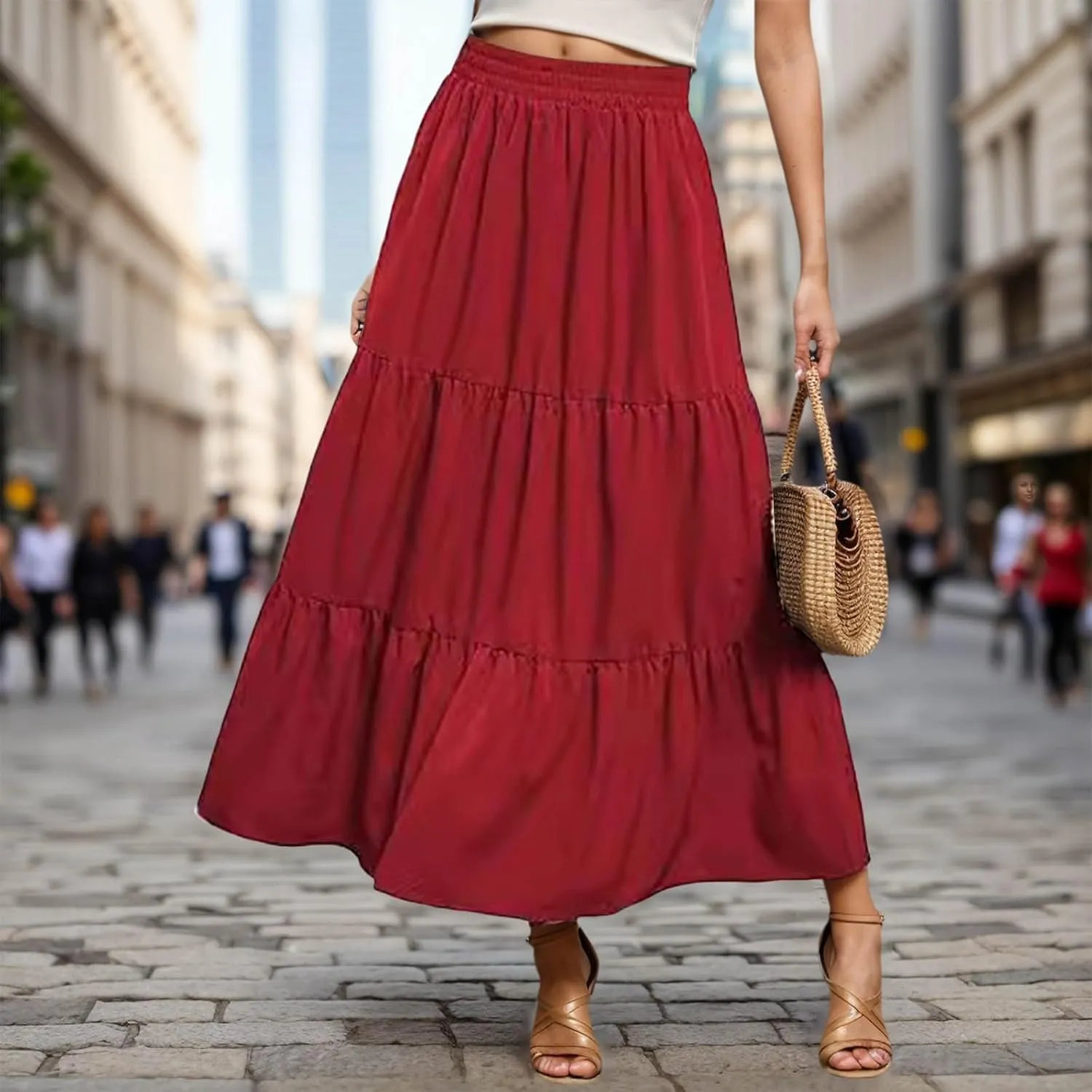 WomenS Summer Boho Flowy Skirt Swing Tiered A-Line Maxi Skirt 2025 Fashion Ruffle Elastic High Waist Beach Skirts