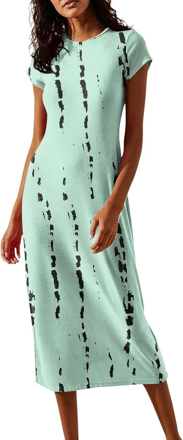 Women's Summer Boho Short Sleeve Crew Neck Midi Floral Dresses Wrap a Line Hawaiian 2025 Dress
