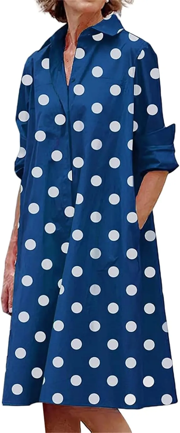 Women's Summer Button Down Shirt Dress Loose A Line Midi Shift Tunic Dress with Pockets Long Sleeve Lapel Maxi Dresses