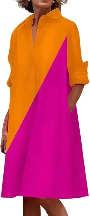 Women's Summer Button Down Shirt Dress Loose A Line Midi Shift Tunic Dress with Pockets Long Sleeve Lapel Maxi Dresses