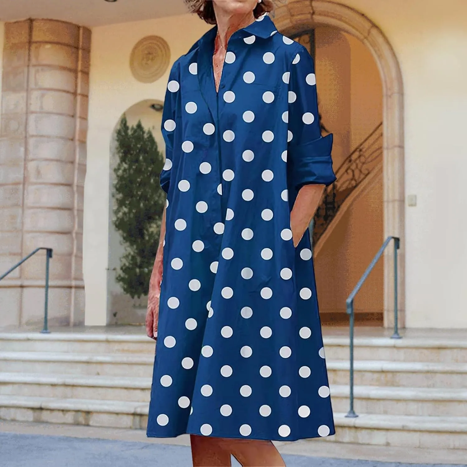 Women's Summer Button Down Shirt Dress Loose A Line Midi Shift Tunic Dress with Pockets Long Sleeve Lapel Maxi Dresses