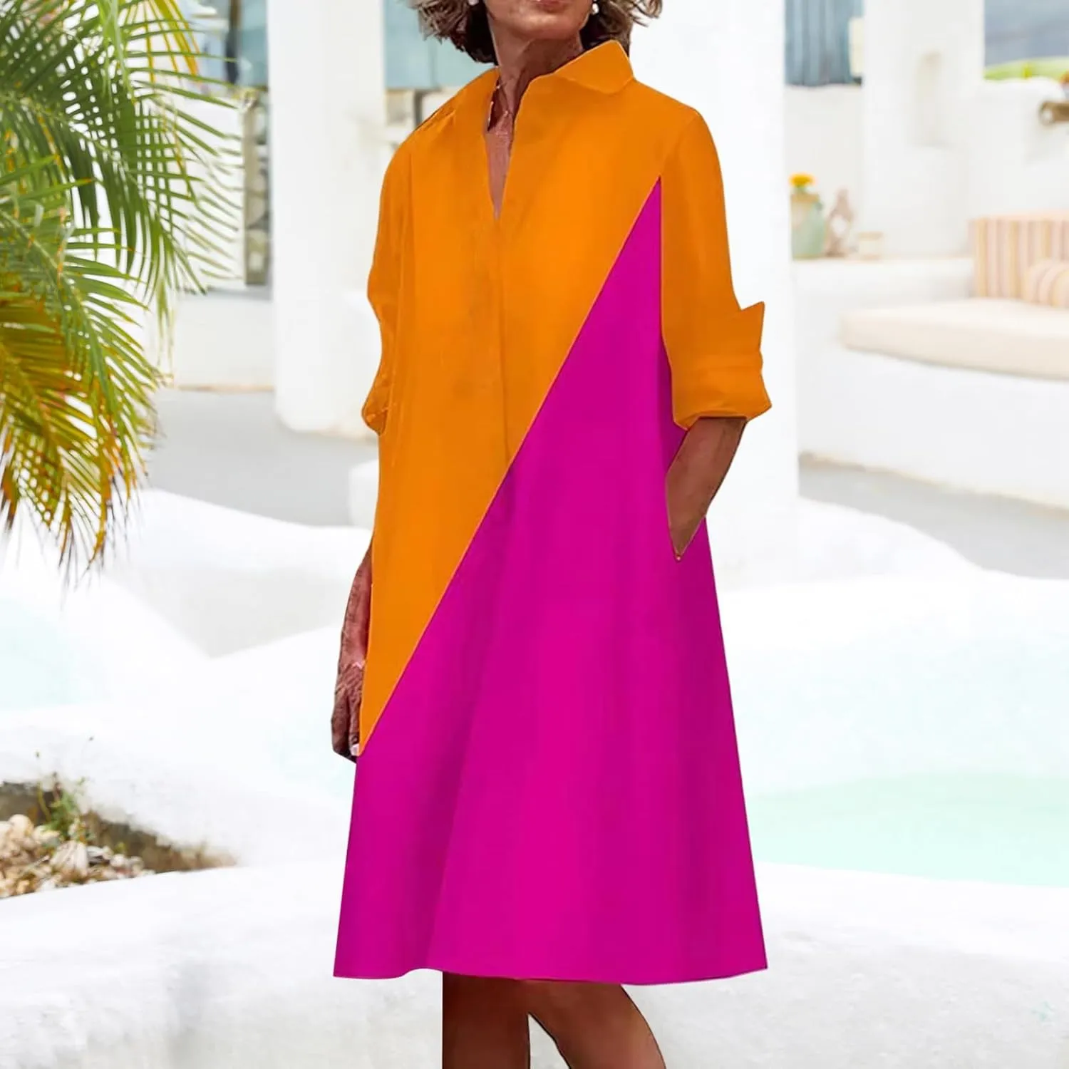 Women's Summer Button Down Shirt Dress Loose A Line Midi Shift Tunic Dress with Pockets Long Sleeve Lapel Maxi Dresses