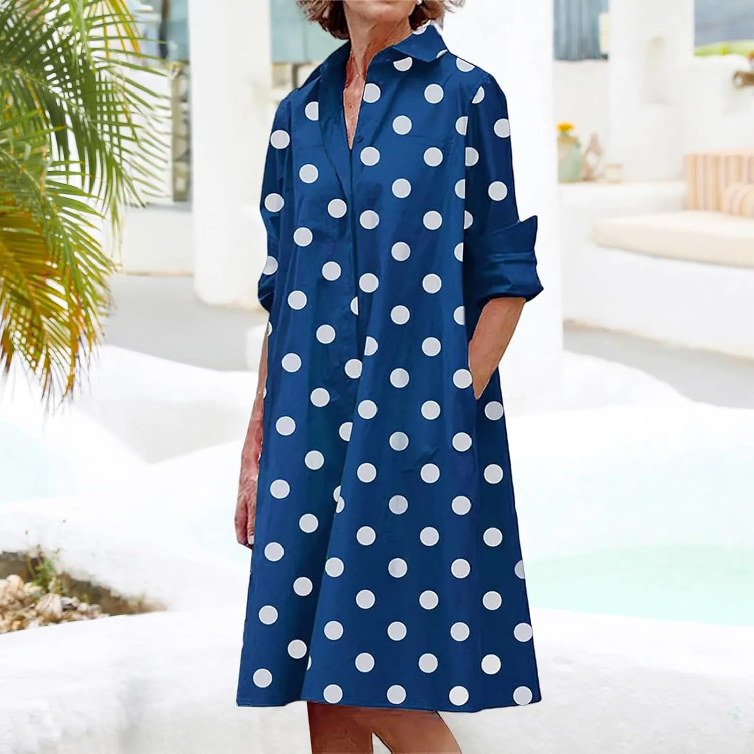 Women's Summer Button Down Shirt Dress Loose A Line Midi Shift Tunic Dress with Pockets Long Sleeve Lapel Maxi Dresses