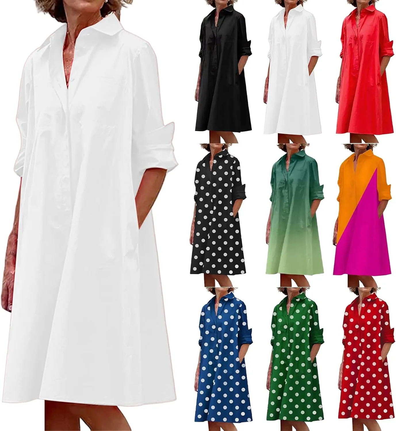 Women's Summer Button Down Shirt Dress Loose A Line Midi Shift Tunic Dress with Pockets Long Sleeve Lapel Maxi Dresses
