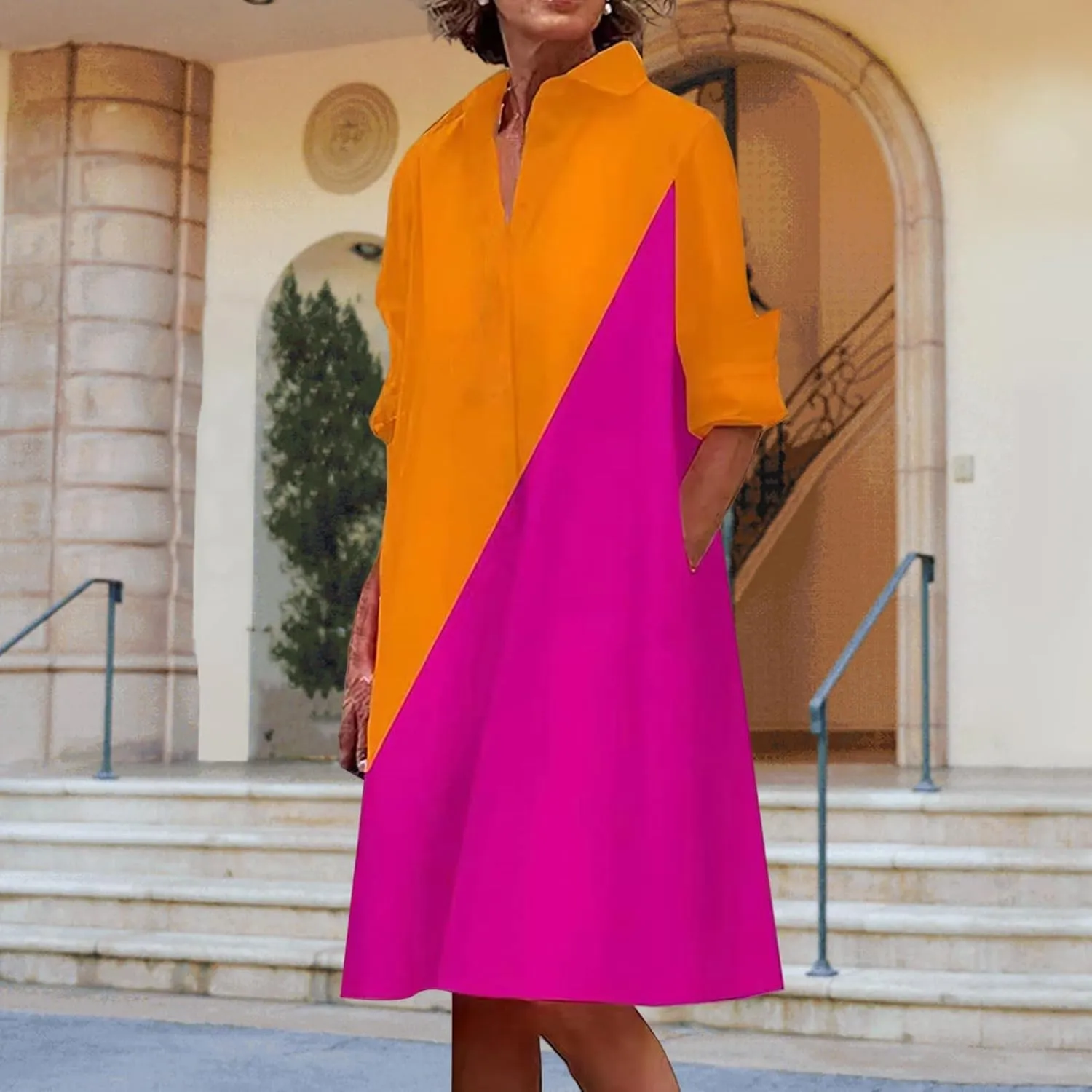 Women's Summer Button Down Shirt Dress Loose A Line Midi Shift Tunic Dress with Pockets Long Sleeve Lapel Maxi Dresses