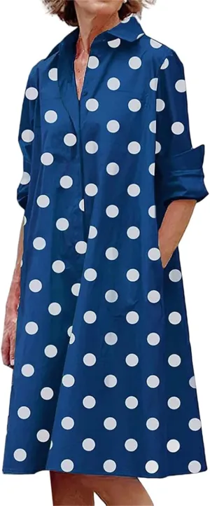 Women's Summer Button Down Shirt Dress Loose A Line Midi Shift Tunic Dress with Pockets Long Sleeve Lapel Maxi Dresses