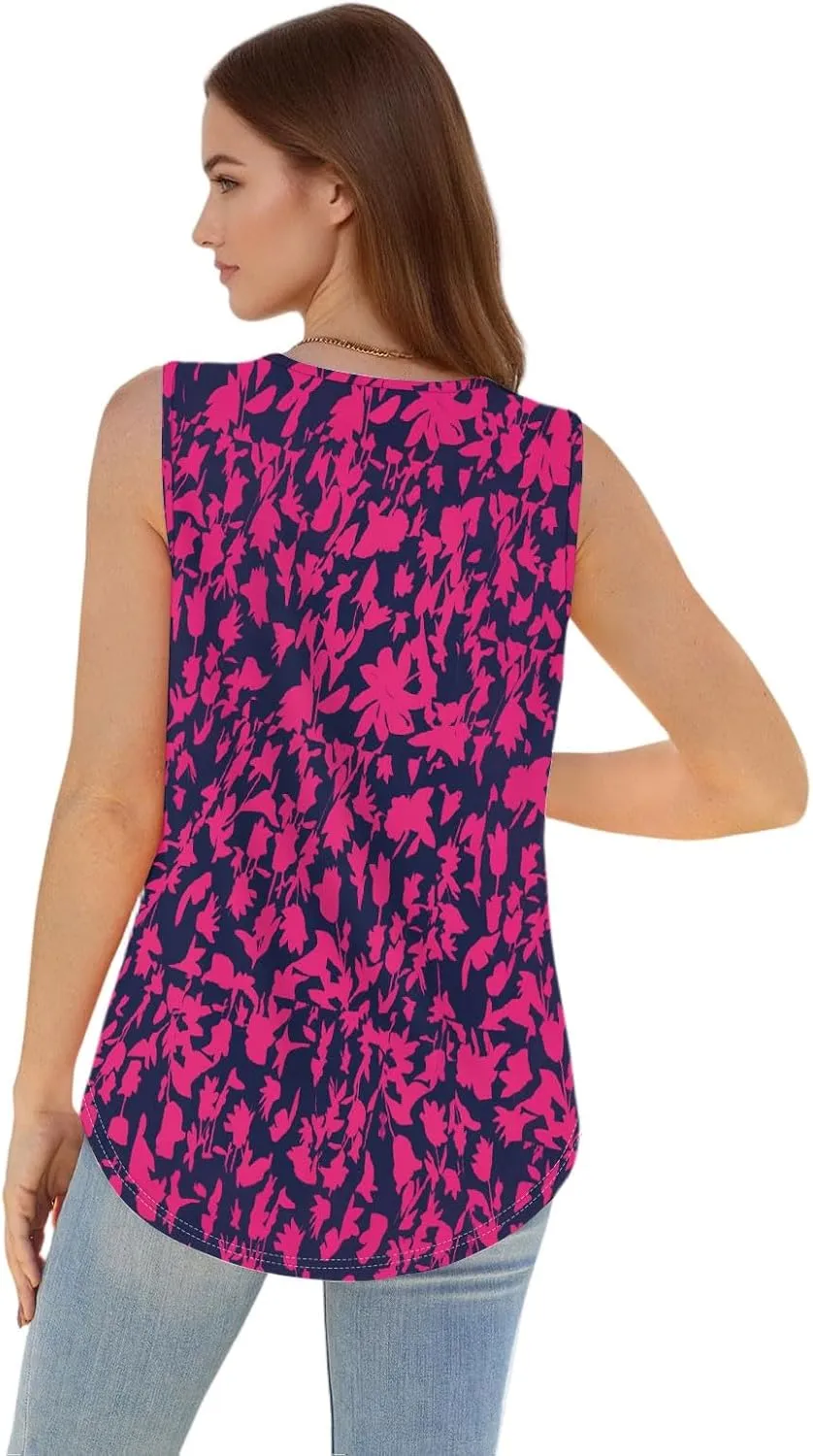 Women's Summer Chic Sleeveless Tops Round Neck Loose Fit Solid Color Ideal Casual Tank Floral Print Basic Camisoles