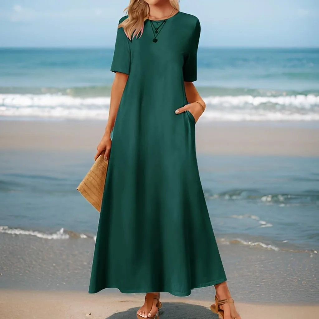 Womens Summer Dresses Short Sleeve Beach Long Dress Flowy Loose Beach Sundresses Trendy Outfits with Pockets