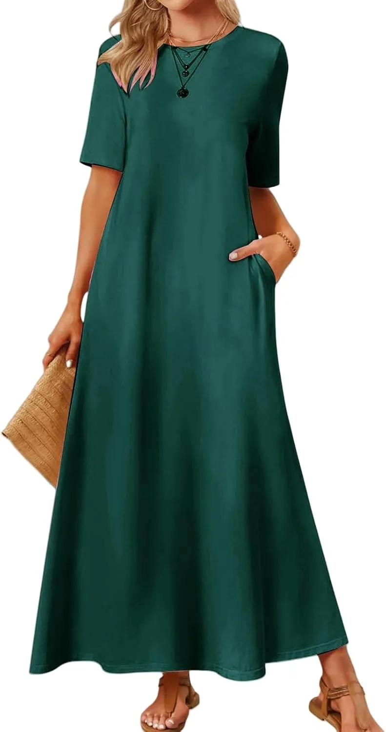 Womens Summer Dresses Short Sleeve Beach Long Dress Flowy Loose Beach Sundresses Trendy Outfits with Pockets