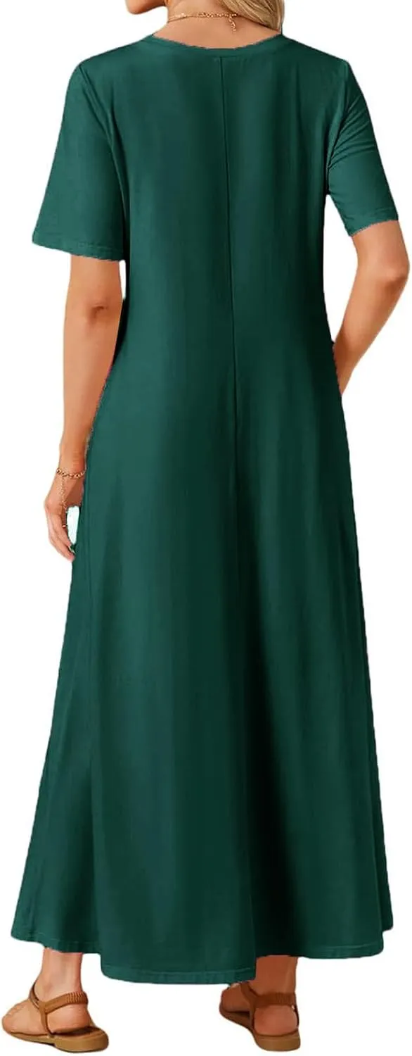 Womens Summer Dresses Short Sleeve Beach Long Dress Flowy Loose Beach Sundresses Trendy Outfits with Pockets
