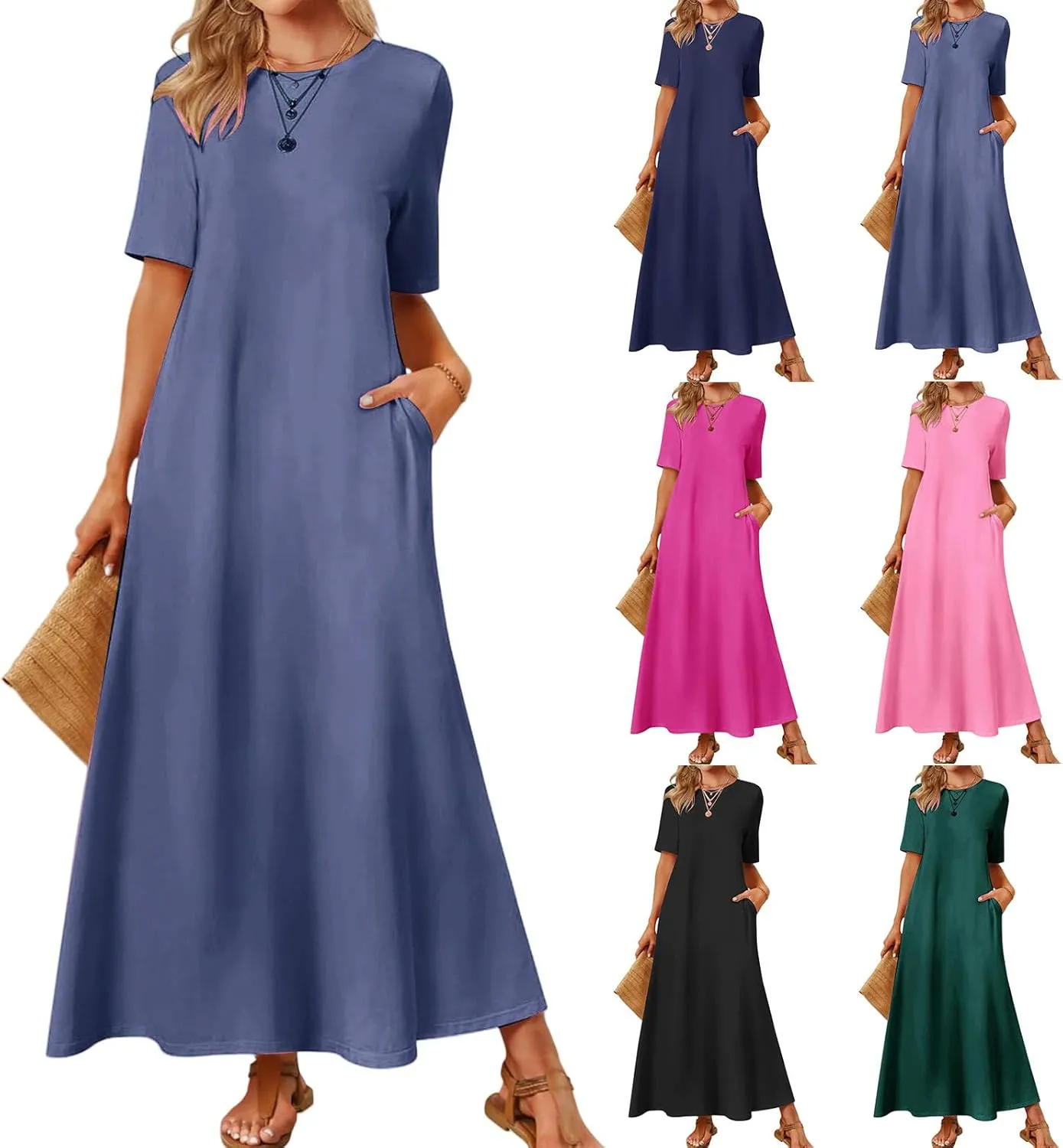 Womens Summer Dresses Short Sleeve Beach Long Dress Flowy Loose Beach Sundresses Trendy Outfits with Pockets
