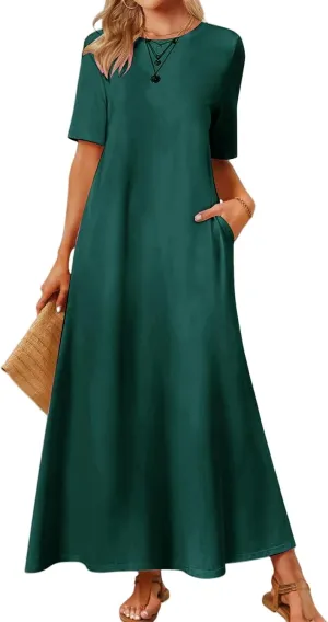 Womens Summer Dresses Short Sleeve Beach Long Dress Flowy Loose Beach Sundresses Trendy Outfits with Pockets