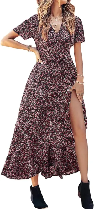 Women's Summer Dresses Wedding Guest Dresses Casual Midi Dress Boho Dresses Wrap V-neck Split Flowy Floral Prom Dress