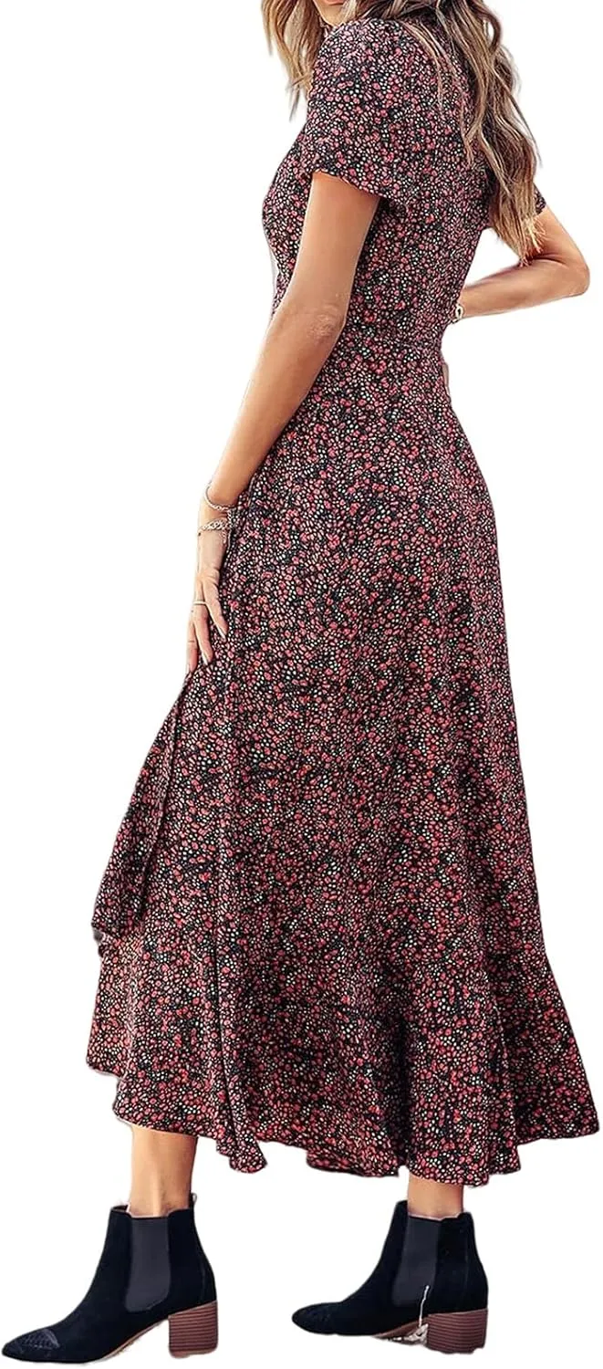 Women's Summer Dresses Wedding Guest Dresses Casual Midi Dress Boho Dresses Wrap V-neck Split Flowy Floral Prom Dress