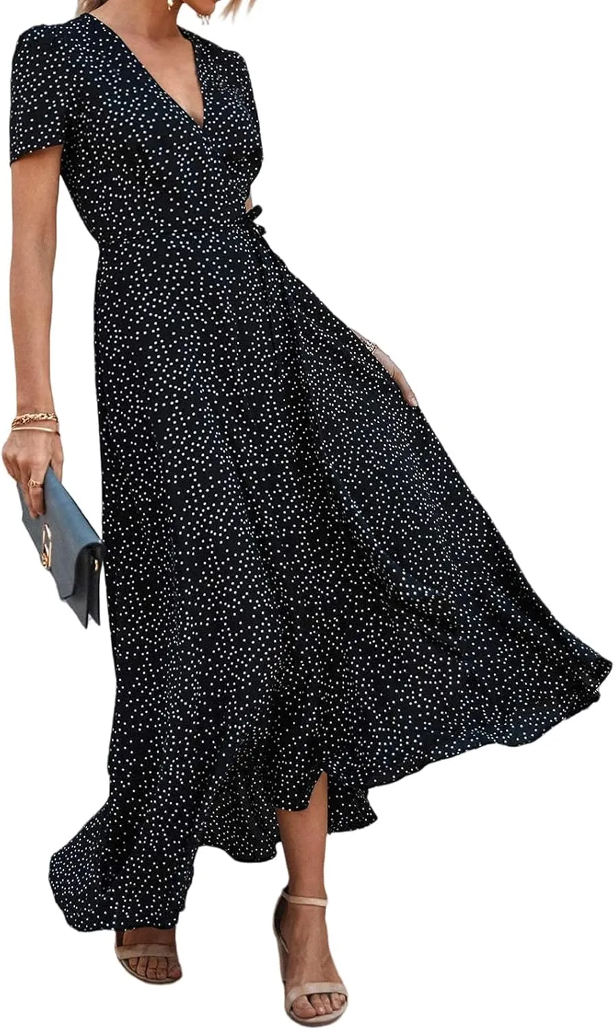 Women's Summer Dresses Wedding Guest Dresses Casual Midi Dress Boho Dresses Wrap V-neck Split Flowy Floral Prom Dress