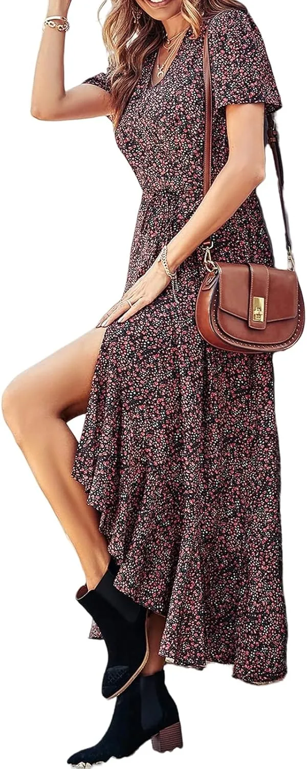 Women's Summer Dresses Wedding Guest Dresses Casual Midi Dress Boho Dresses Wrap V-neck Split Flowy Floral Prom Dress