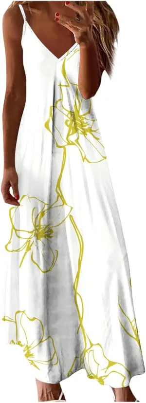 Womens Summer Floral Print Sundress Casual Spaghetti Strap V Neck Loose Breathable Beach Dress Flowy Dresses