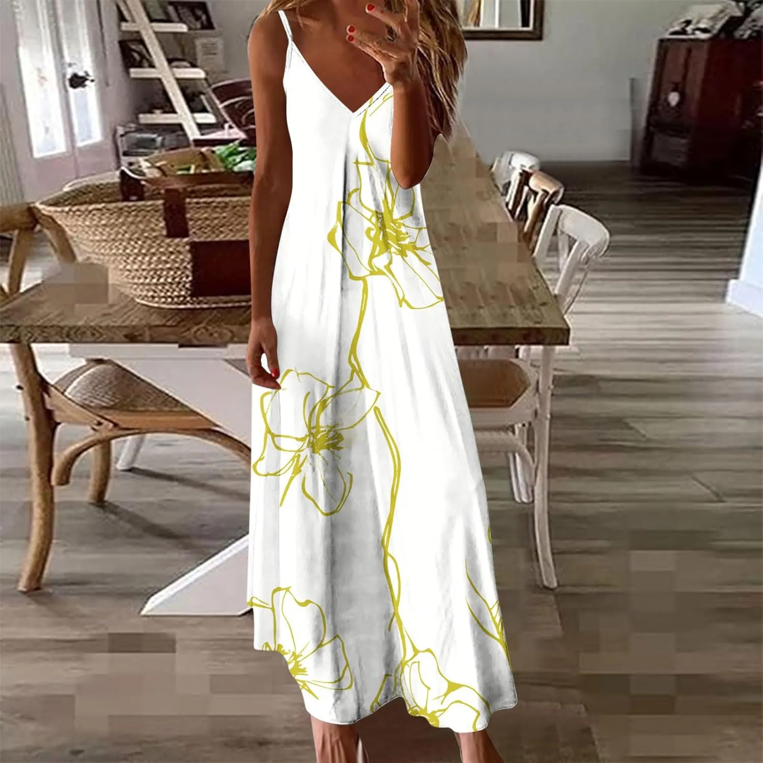 Womens Summer Floral Print Sundress Casual Spaghetti Strap V Neck Loose Breathable Beach Dress Flowy Dresses