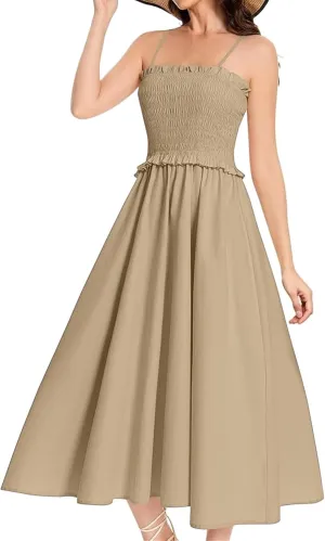 Womens Summer Maxi Dress Sleeveless Spaghetti Strap Smocked Beach Sundress Casual Swing A Line Flowy Long Dresses