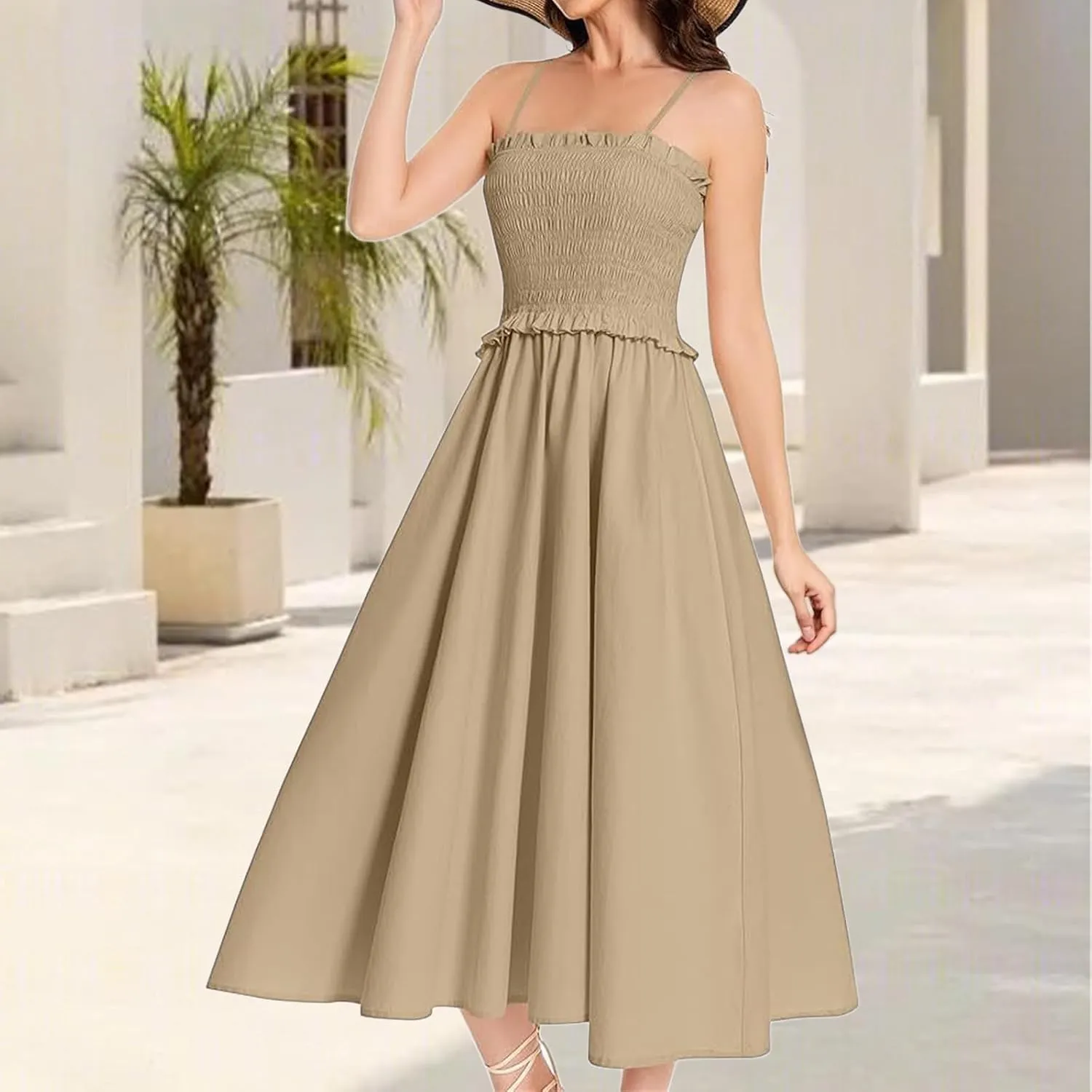 Womens Summer Maxi Dress Sleeveless Spaghetti Strap Smocked Beach Sundress Casual Swing A Line Flowy Long Dresses