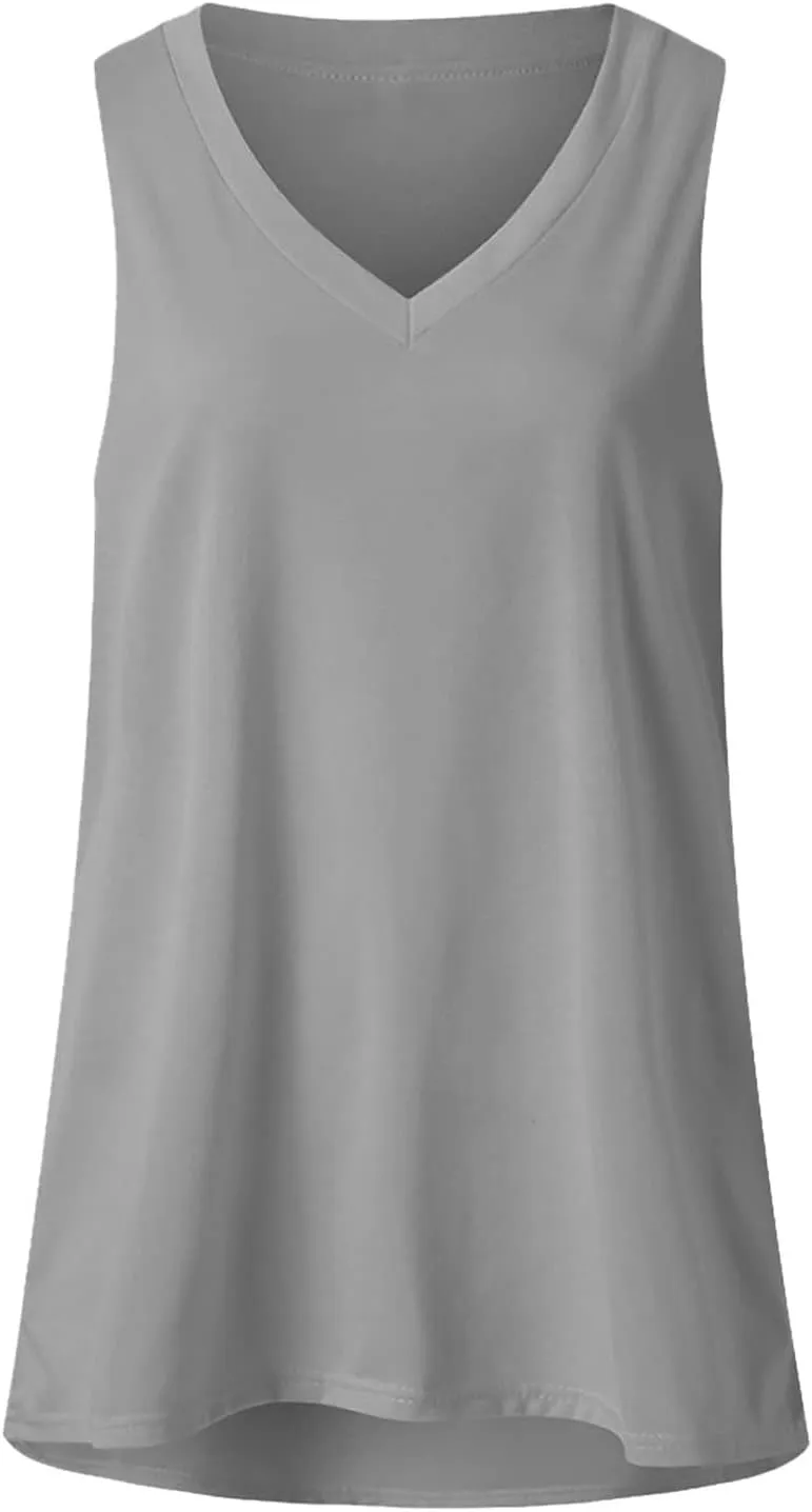 Womens Summer Tank Tops Sleeveless V Neck T Shirts Trendy Side Split Tshirt Loose Fit Flowy Shirt Casual Basic Tees