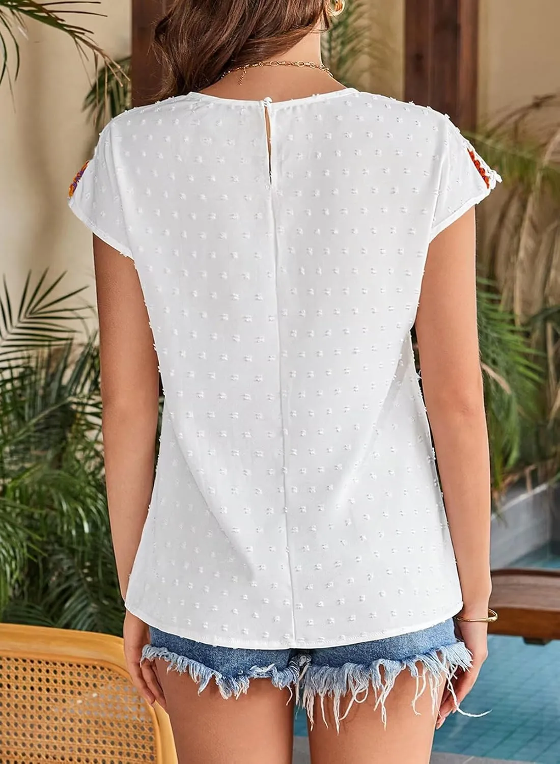 Womens Summer Tops 2025 Boho Tops for Women Color Crew Neck Short Sleeve Casual Blouse