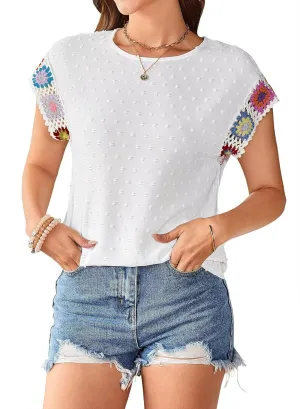 Womens Summer Tops 2025 Boho Tops for Women Color Crew Neck Short Sleeve Casual Blouse